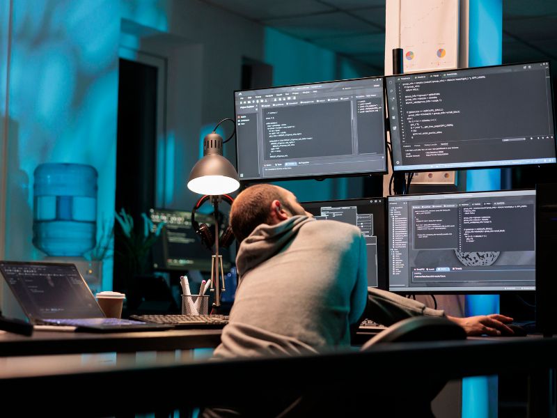 A programmer exhausted from legacy system migration problems